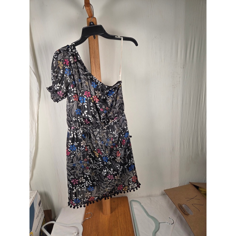 Raga Women Floral One Shoulder Mini Dress Black Lurex Pom Pom Trim Size M